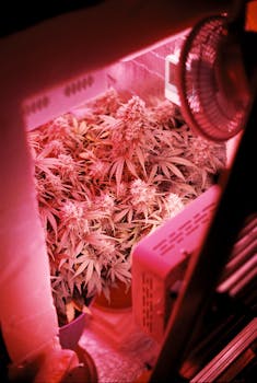 From above of growing hemp in flower pots placed under light of grow lamp on plantation