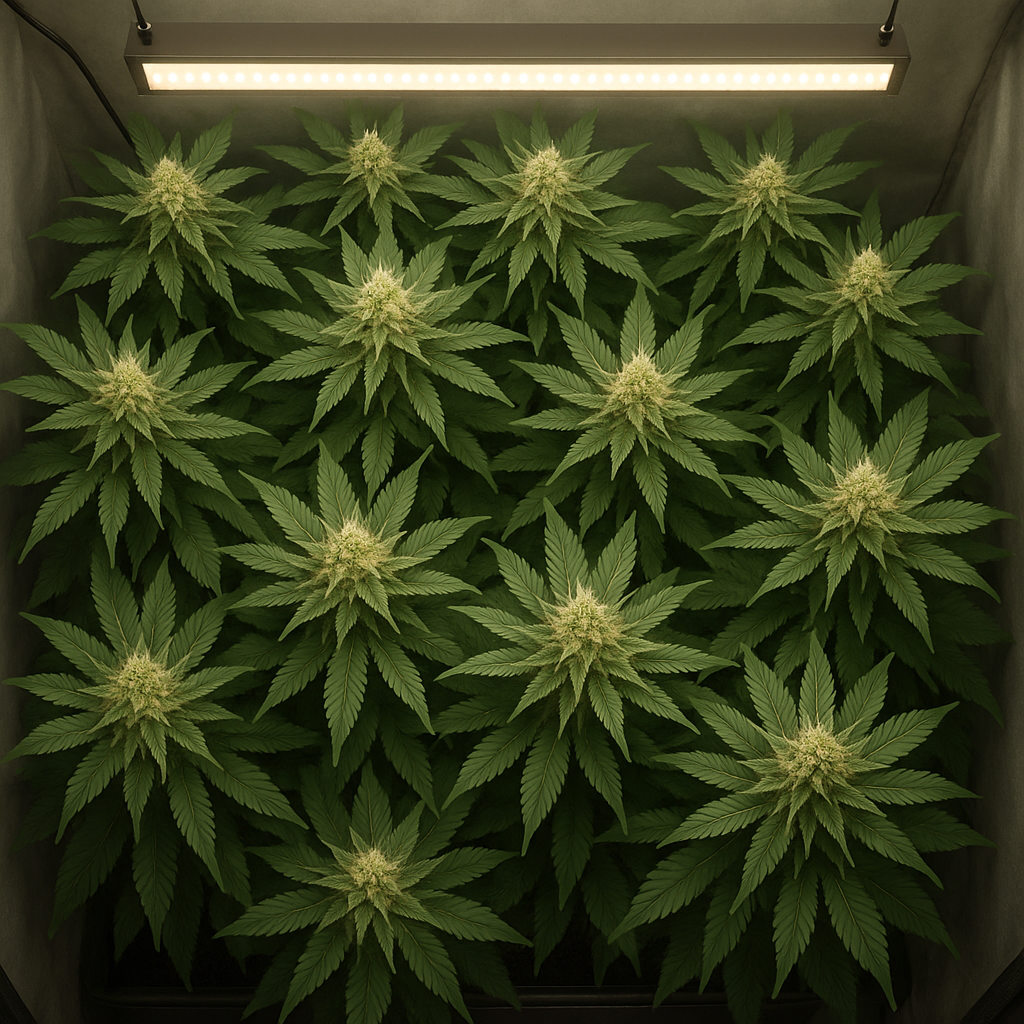 Master Kush Feminized indoor canopy SCROG setup