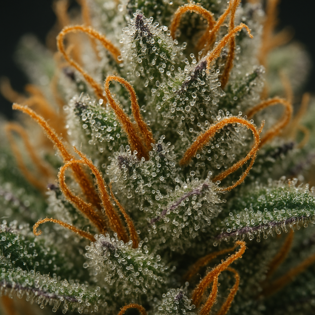 OG Kush dense cola bud closeup with trichomes