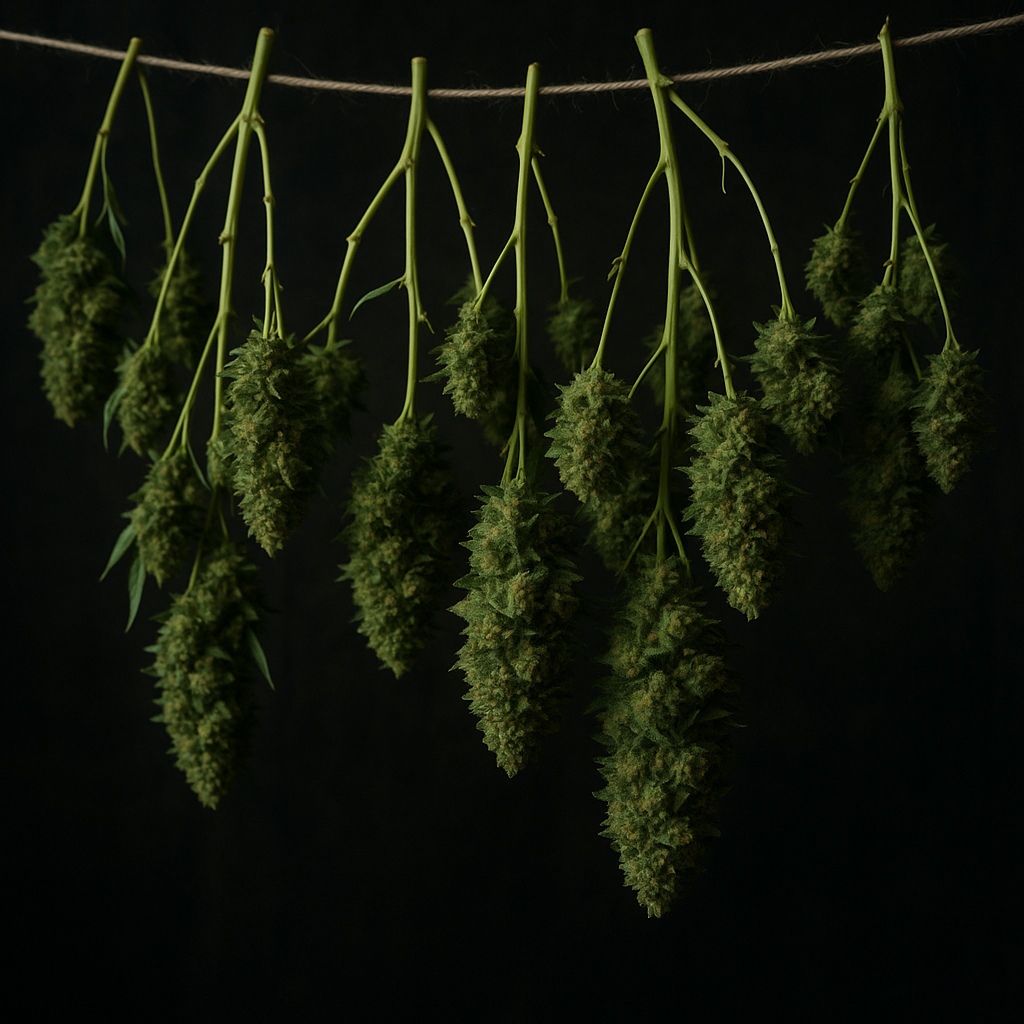 OG Kush freshly harvested branches drying in dark room
